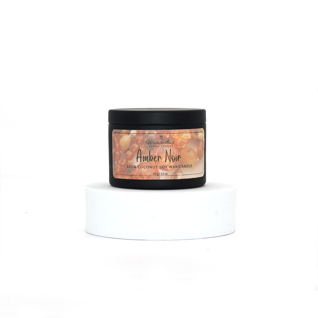 4oz soy candle, Amber Noir scented candle, tin front