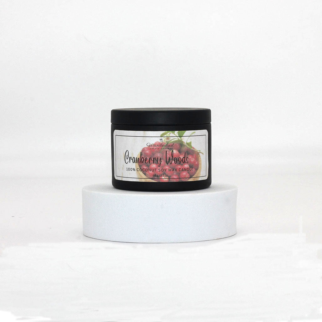 4oz soy candle tin, Cranberry Woods scented candle, tin front