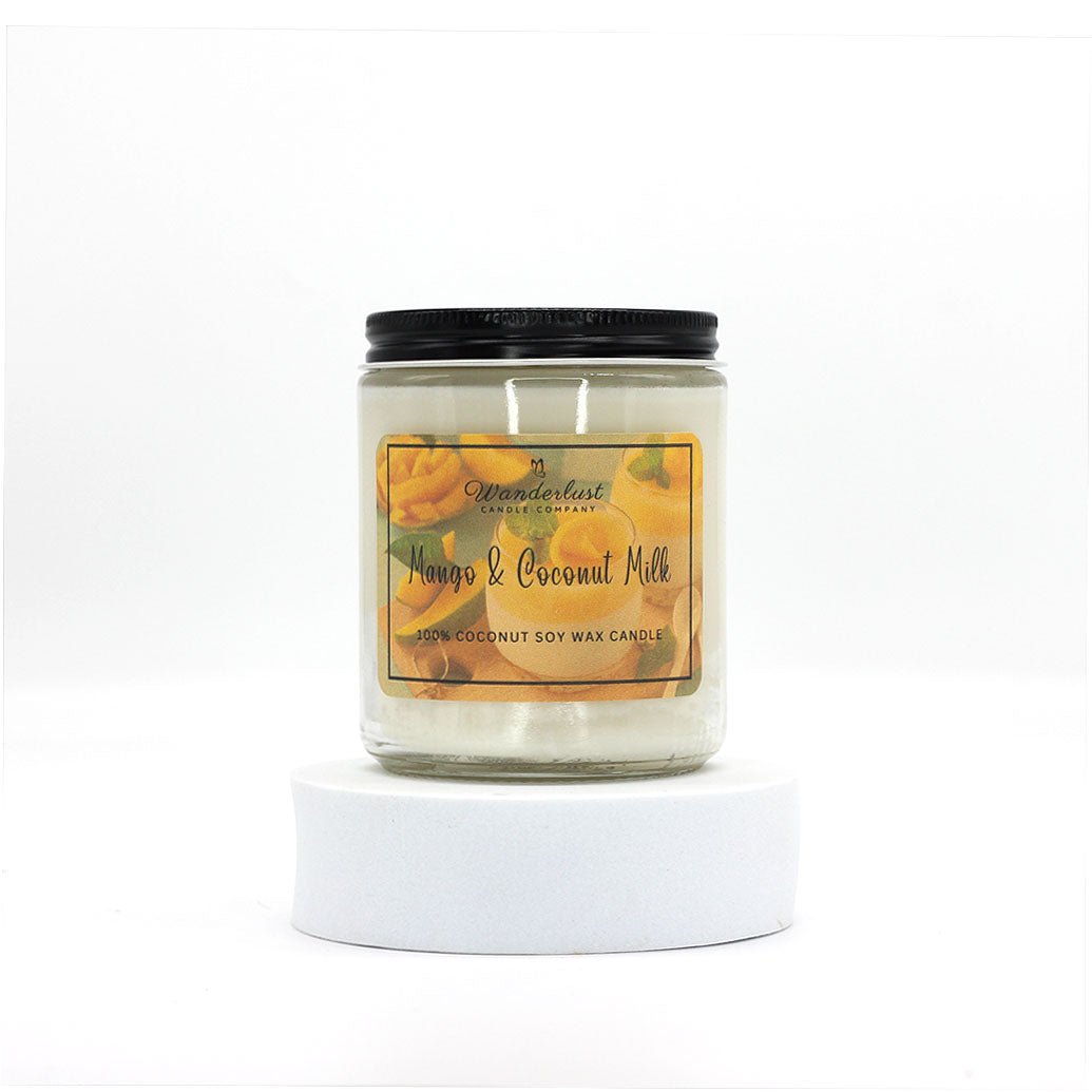 8oz soy candle, Mango & Coconut Milk scented candle, jar front