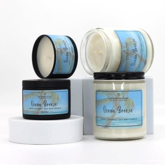 Ocean Breeze scented candles, soy candles, group shot