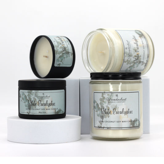 White Eucalyptus scented candles, soy candles, group picture