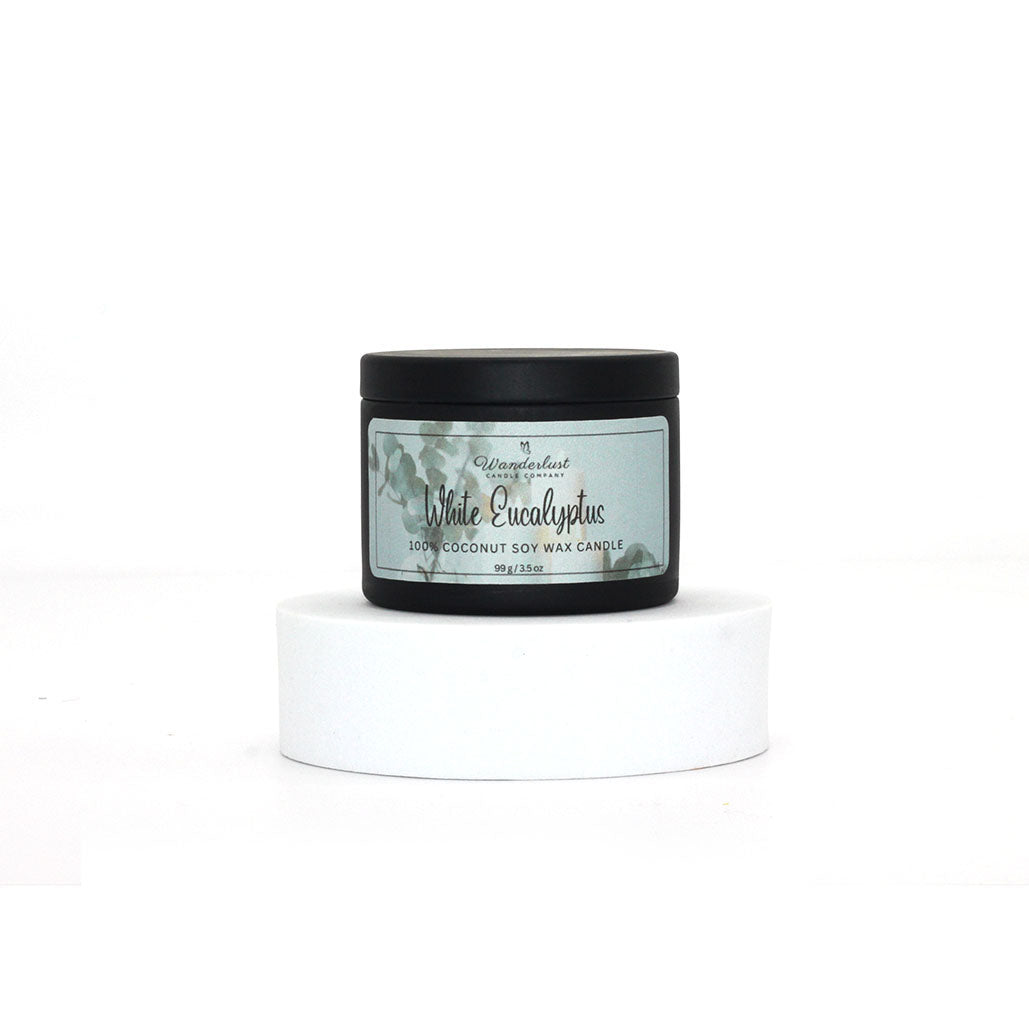 White Eucalyptus scented candle, soy candle, 4oz tin front
