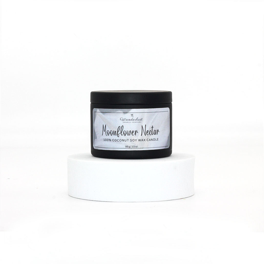 Moonflower Nectar scented candle, soy candle, 4oz tin front