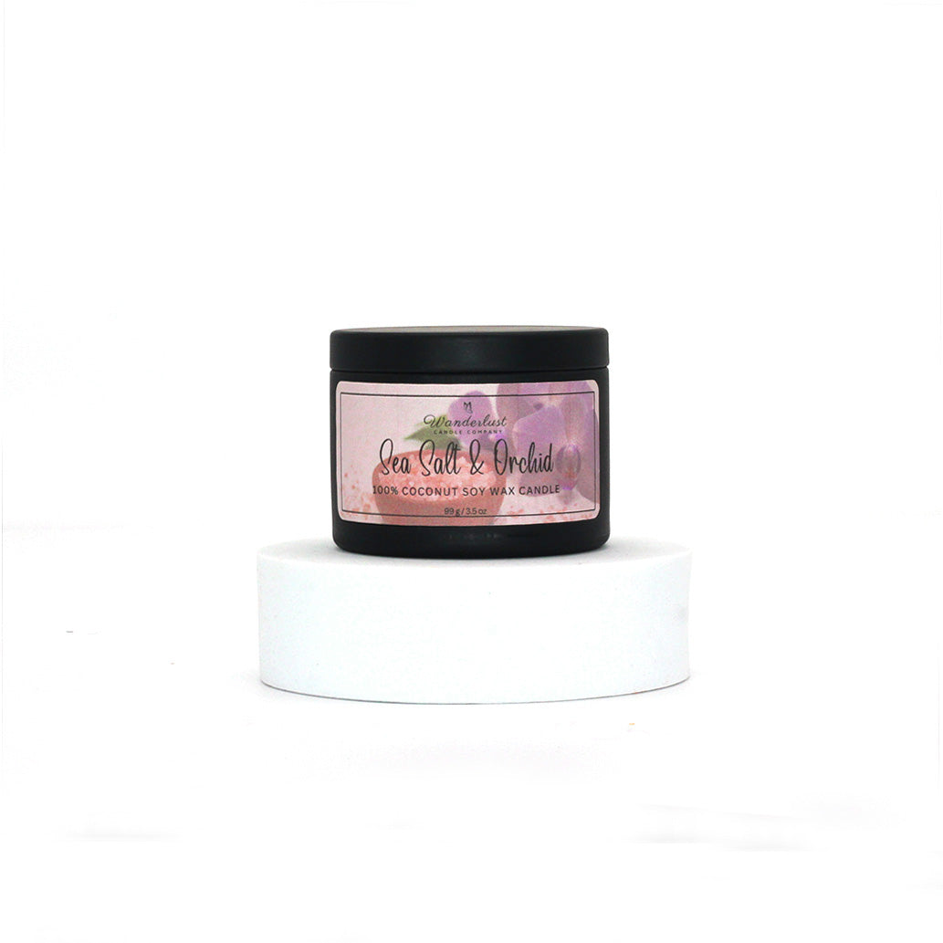 4oz soy candle tin, Sea Salt & Orchid scented candle, tin front