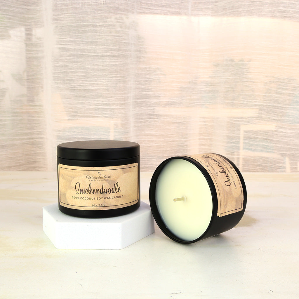 Snickerdoodle scented coconut soy candle 4oz tin opened and closed