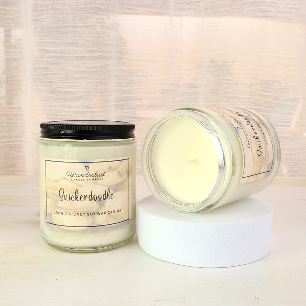 Snickerdoodle scented coconut soy wax candle 9oz jar opened and closed