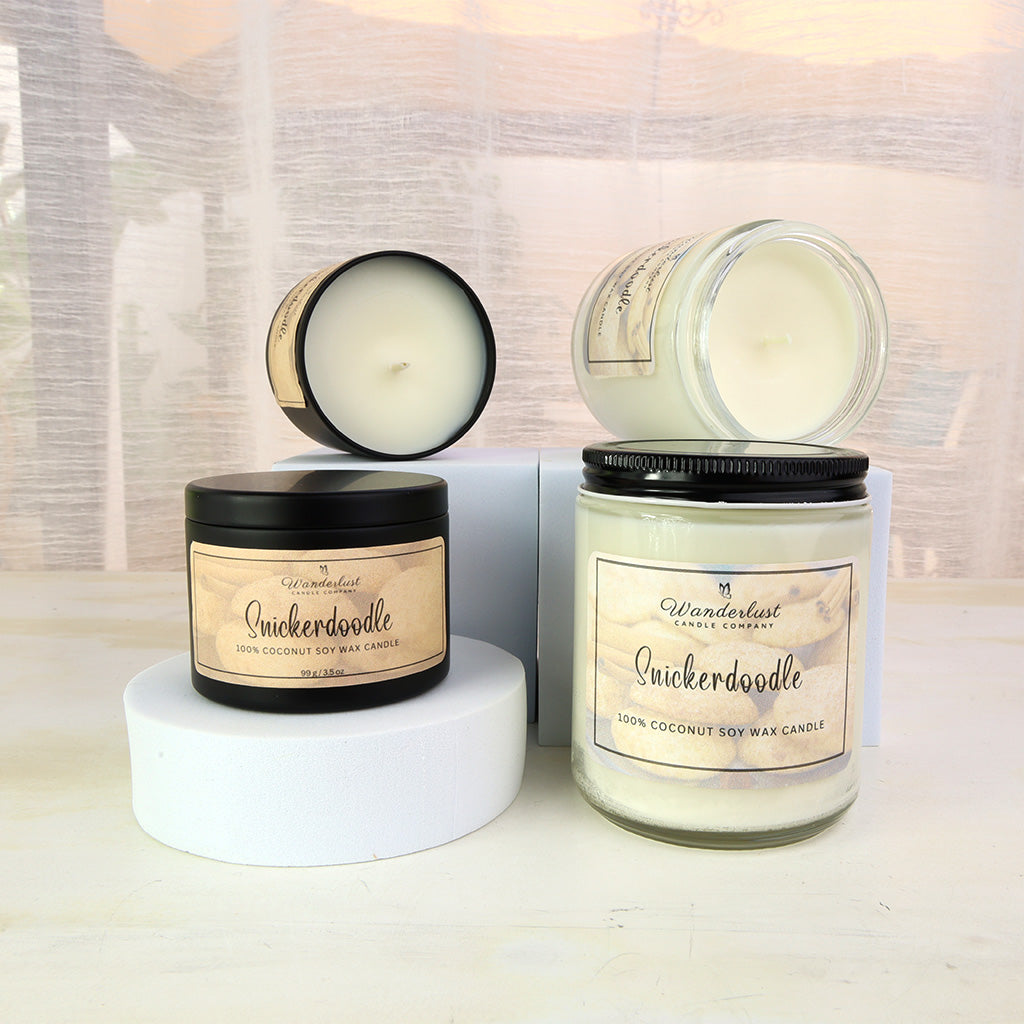 Snickerdoodles scented coconut soy wax candle 8oz glass jar and 4oz tin group open and closed