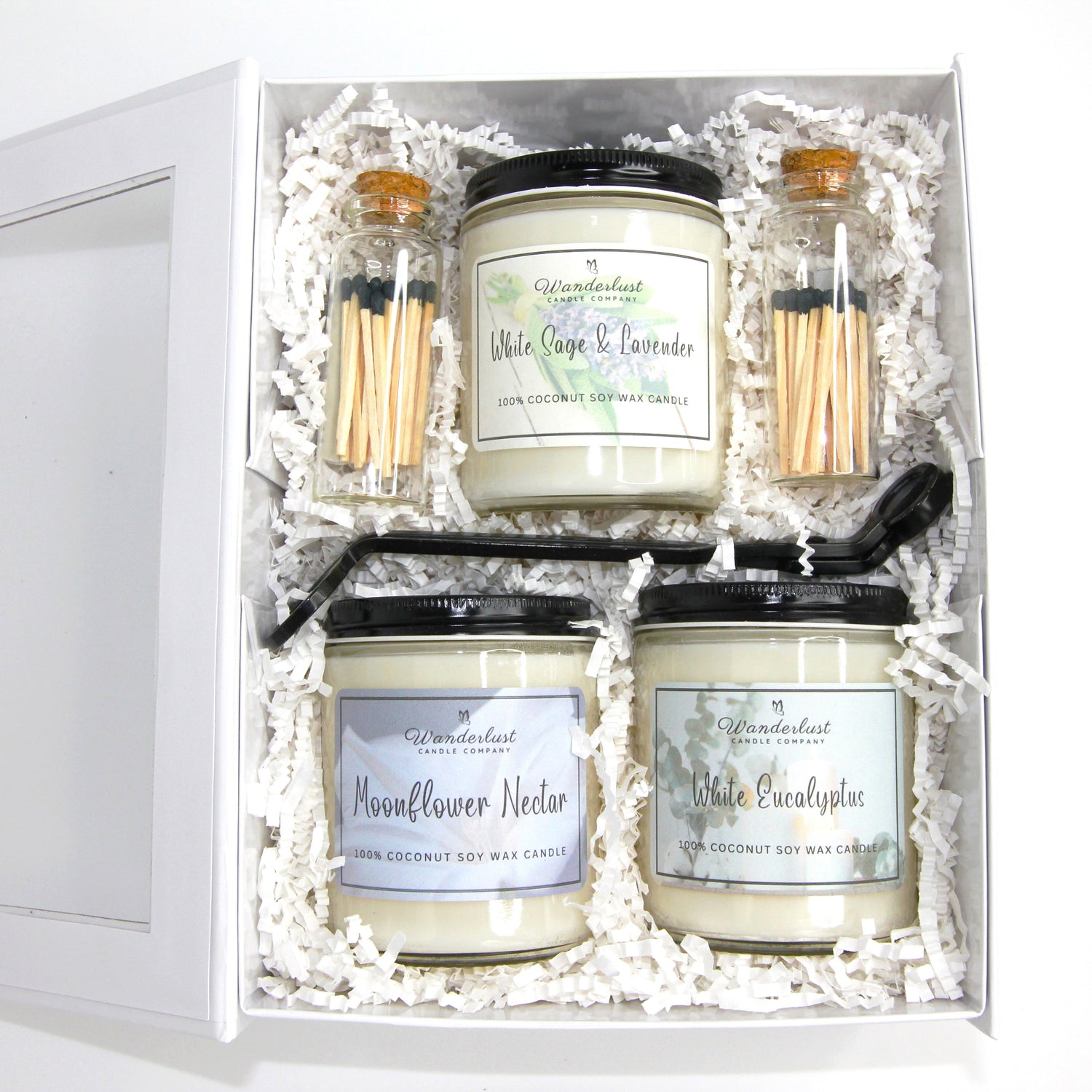 Spa Scented gift box candle set with matches and wick trimmer, gifts under $100.00