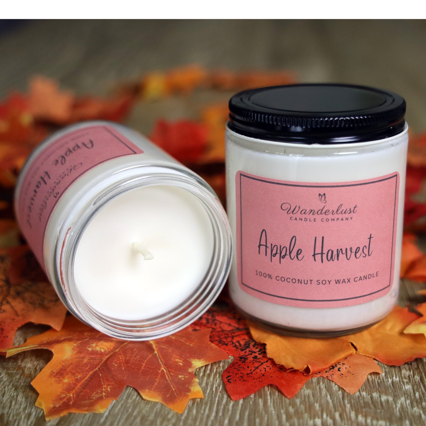 Apple Harvest Coconut Soy Wax Candle 8oz Jar open and closed