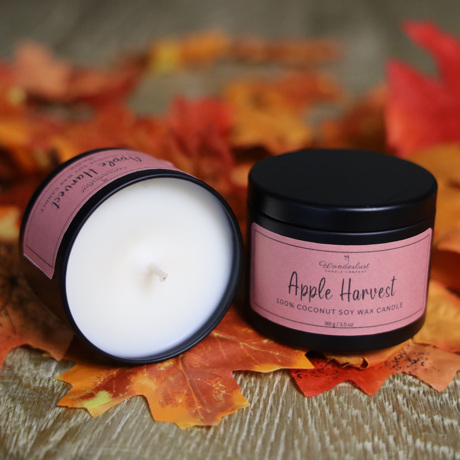 Apple Harvest Coconut Soy Wax Candle 4oz tin open and closed